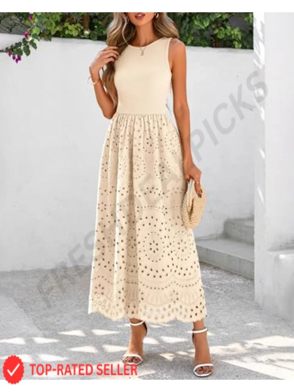 Women Sleeveless Lace Eyelet Cotton Tank Maxi Dress | Summer Casual A-Line Boho